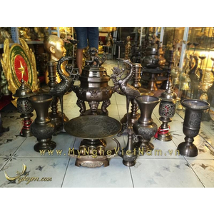 bộ đỉnh đồng thờ cúng bát giác hoa văn dơi phúc bát quái 60cm